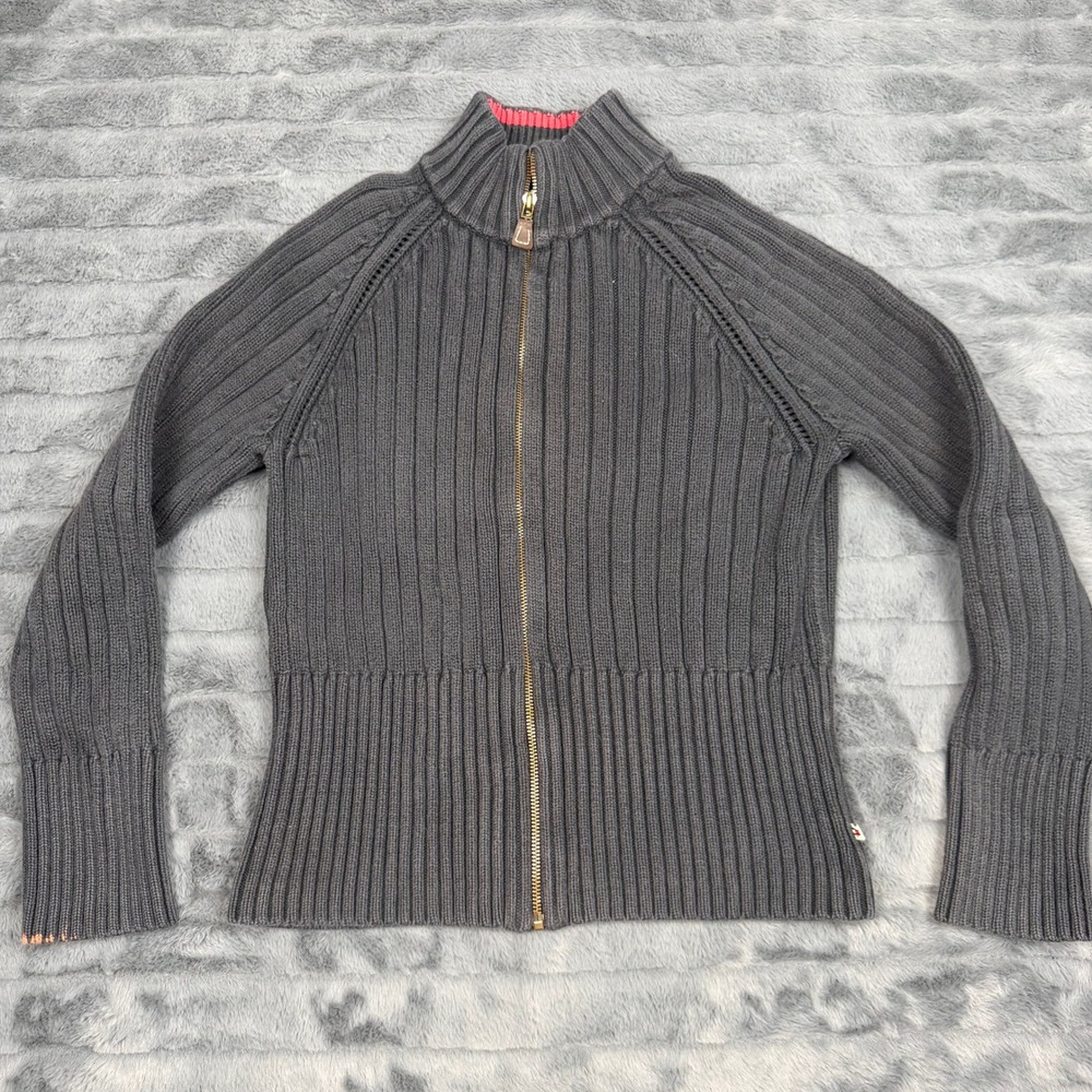 Tommy Hilfiger Gray Ribbed Full Zip Cotton Mock Neck Sweater Womens Large